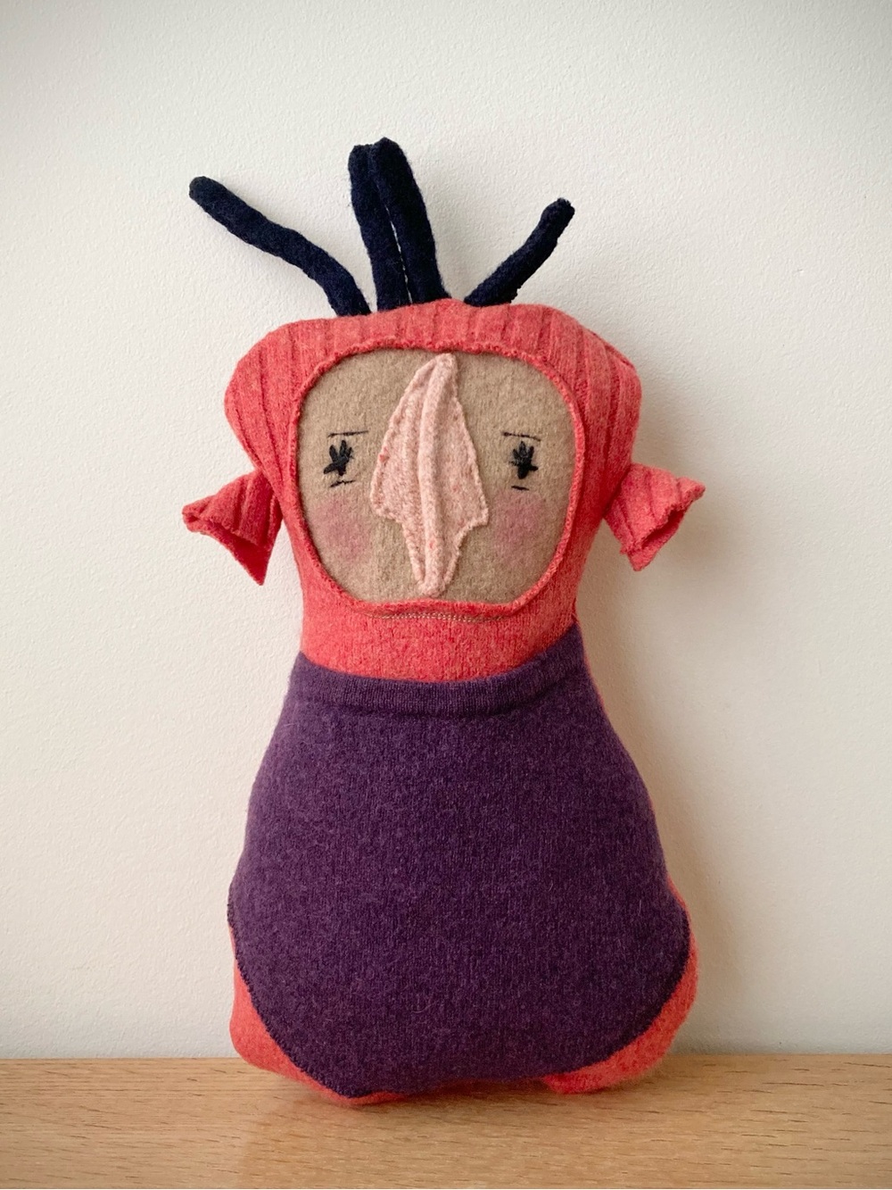 joodito reclaimed wool cashmere sweater pillow wabi sabi folk art doll orange